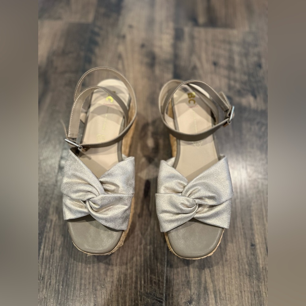 BC Born in California Ankle Wrap Strap Wedge Espadrille Sandals Gold Beige, 8.5